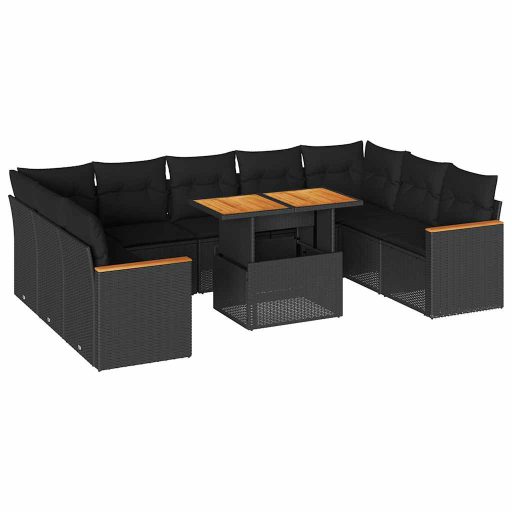 10 részes fekete polyrattan akácfa kerti ülőgarnitúra párnákkal