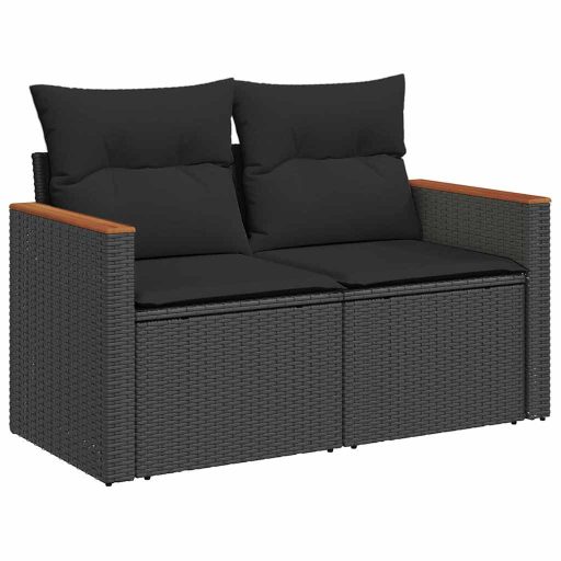 10 részes fekete polyrattan akácfa kerti ülőgarnitúra párnákkal