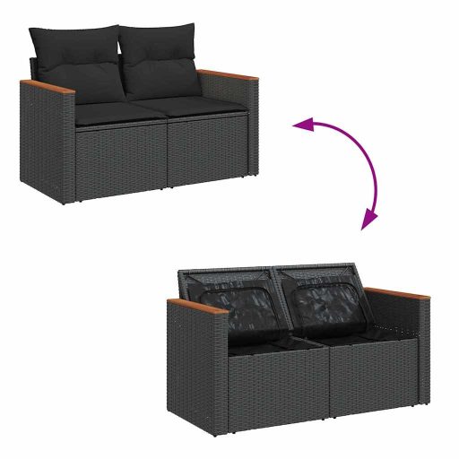 10 részes fekete polyrattan akácfa kerti ülőgarnitúra párnákkal