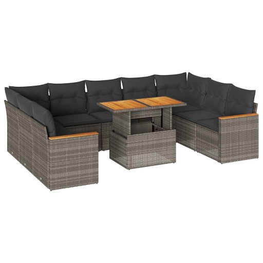 10 részes szürke polyrattan akácfa kerti ülőgarnitúra párnákkal