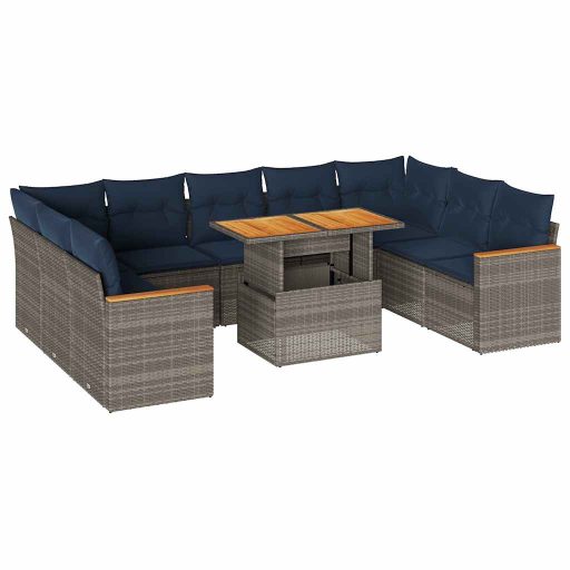 10 részes szürke polyrattan kerti ülőgarnitúra párnákkal