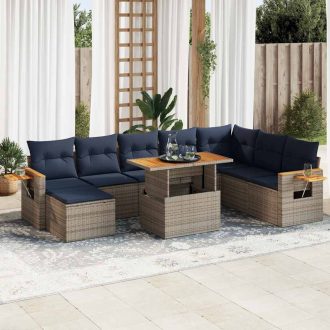   10 részes szürke polyrattan akácfa kerti ülőgarnitúra párnákkal