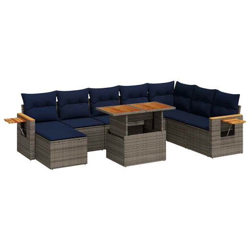10 részes szürke polyrattan akácfa kerti ülőgarnitúra párnákkal