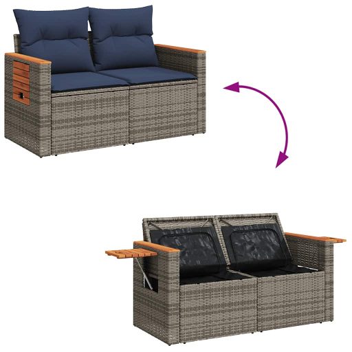 10 részes szürke polyrattan akácfa kerti ülőgarnitúra párnákkal