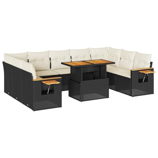 10 részes fekete polyrattan akácfa kerti ülőgarnitúra párnákkal