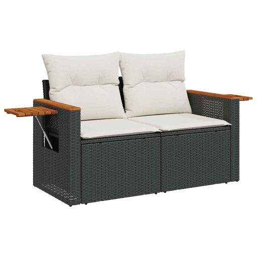 10 részes fekete polyrattan akácfa kerti ülőgarnitúra párnákkal