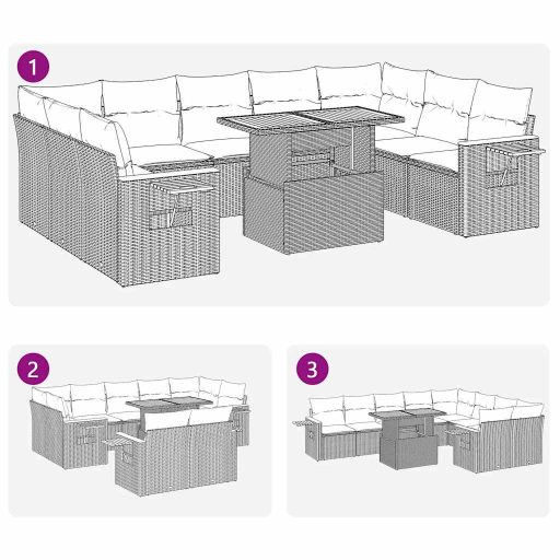 10 részes fekete polyrattan akácfa kerti ülőgarnitúra párnákkal