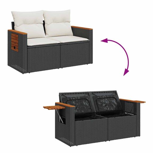 10 részes fekete polyrattan akácfa kerti ülőgarnitúra párnákkal
