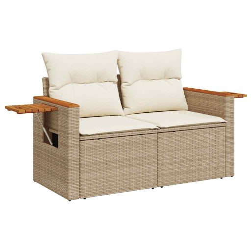 10 részes bézs polyrattan akácfa kerti ülőgarnitúra párnával