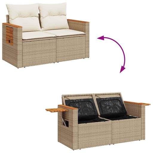 10 részes bézs polyrattan akácfa kerti ülőgarnitúra párnával