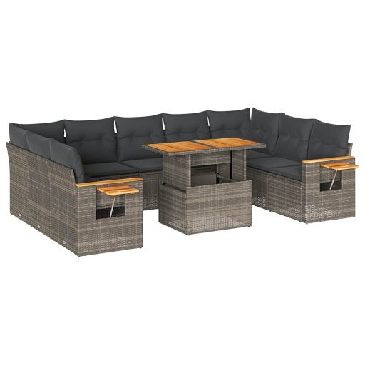 10 részes szürke polyrattan akácfa kerti ülőgarnitúra párnákkal
