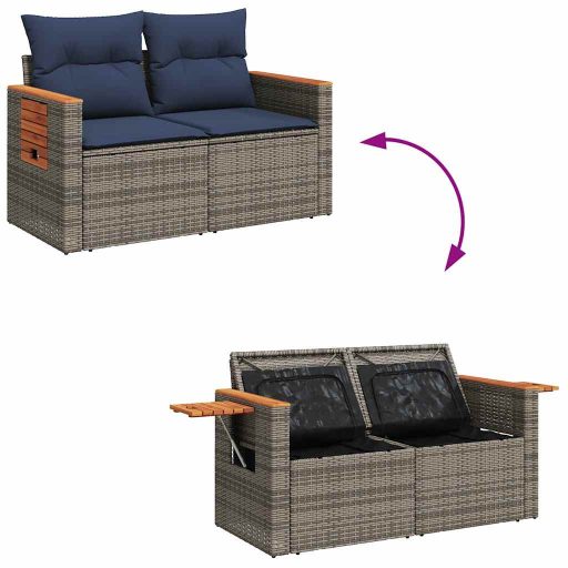 10 részes szürke polyrattan akácfa kerti ülőgarnitúra párnákkal