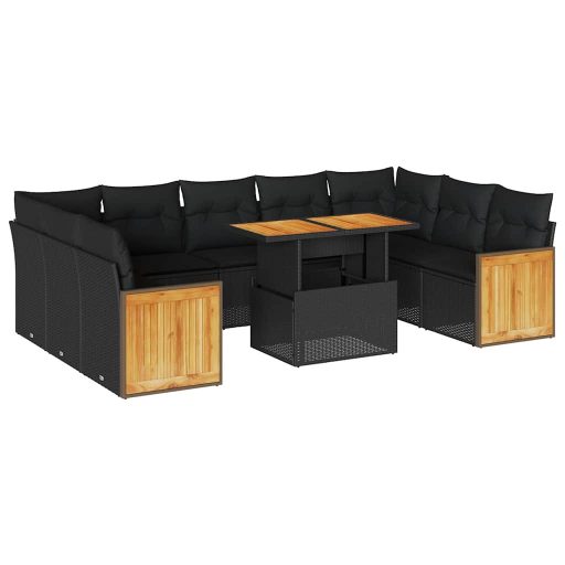 10 részes fekete polyrattan akácfa kerti ülőgarnitúra párnákkal