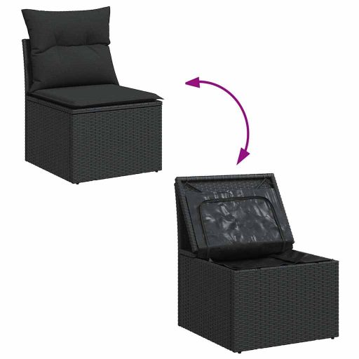 10 részes fekete polyrattan akácfa kerti ülőgarnitúra párnákkal