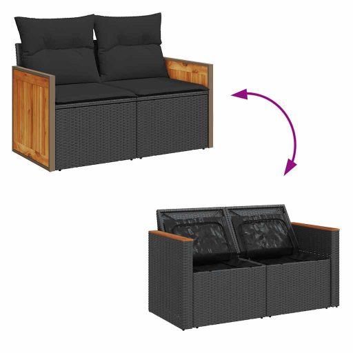 10 részes fekete polyrattan akácfa kerti ülőgarnitúra párnákkal