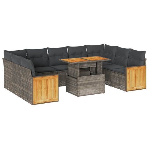 10 részes szürke polyrattan akácfa kerti ülőgarnitúra párnákkal