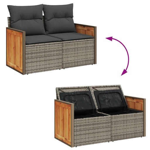 10 részes szürke polyrattan akácfa kerti ülőgarnitúra párnákkal