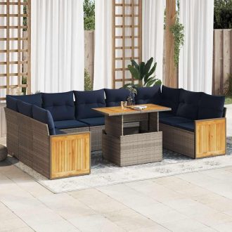   10 részes szürke polyrattan akácfa kerti ülőgarnitúra párnákkal