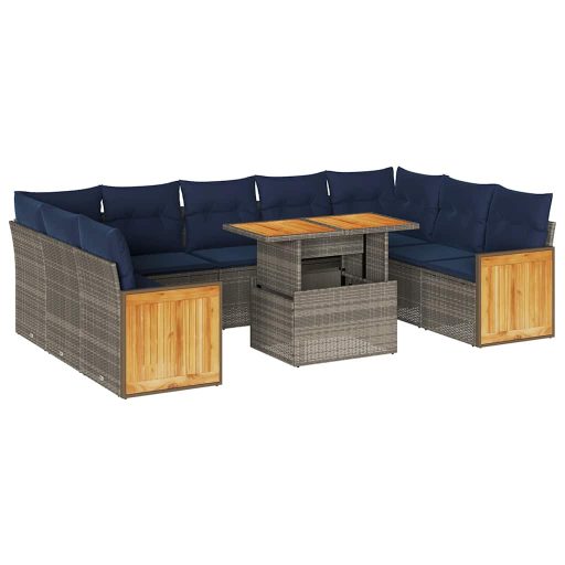 10 részes szürke polyrattan akácfa kerti ülőgarnitúra párnákkal