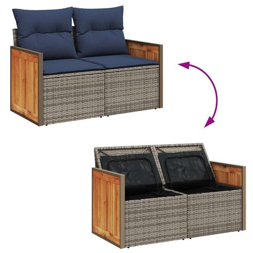 10 részes szürke polyrattan akácfa kerti ülőgarnitúra párnákkal