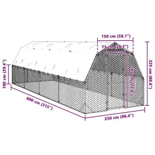 Csirkekifutó tetővel 2,5x8x2,25 m horganyzott acél