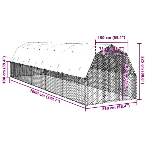 Csirkekifutó tetővel 2,5x10x2,25 m horganyzott acél