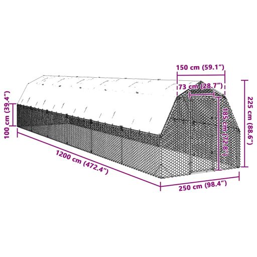 Csirkekifutó tetővel 2,5x12x2,25 m horganyzott acél