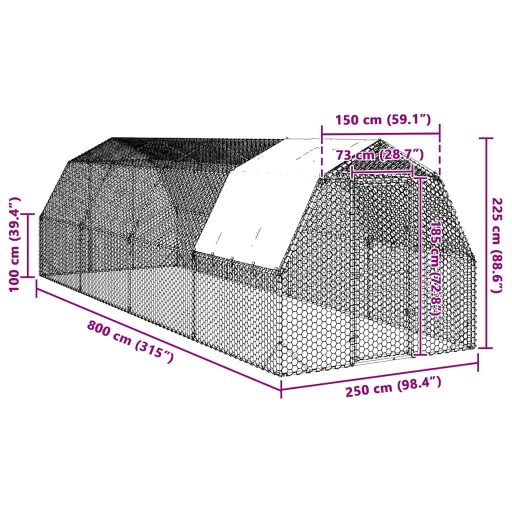 Csirkekifutó tetővel 2,5x8x2,25 m horganyzott acél