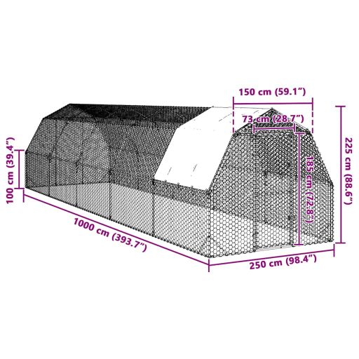 Csirkekifutó tetővel 2,5x10x2,25 m horganyzott acél
