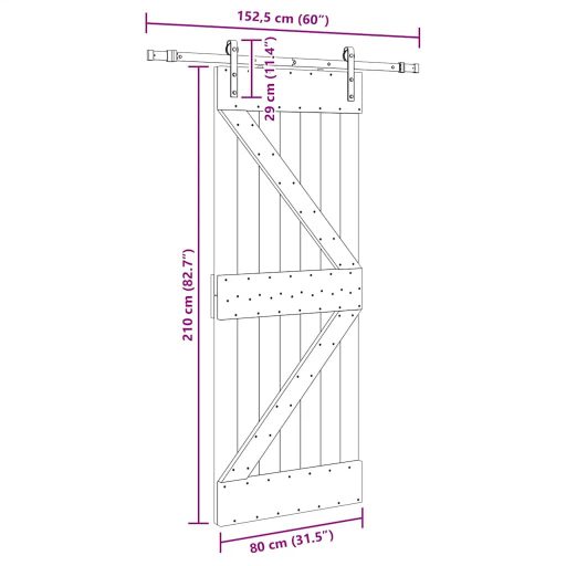 Tömör fenyőfa tolóajtó fémszerelékszettel 80 x 210 cm
