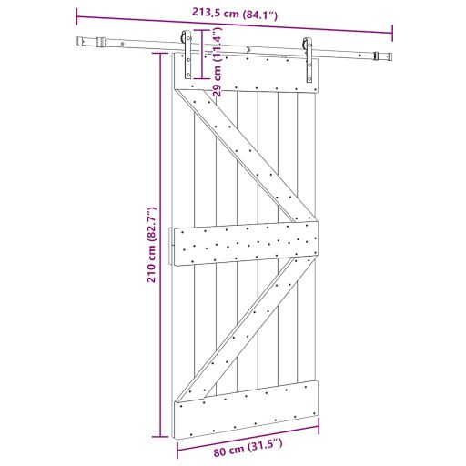 Tömör fenyőfa tolóajtó fémszerelékszettel 80 x 210 cm