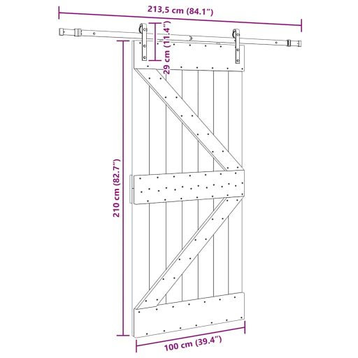 Tömör fenyőfa tolóajtó fémszerelékszettel 100 x 210 cm