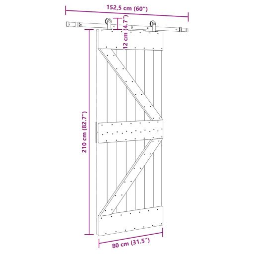 Tömör fenyőfa tolóajtó fémszerelékszettel 80 x 210 cm