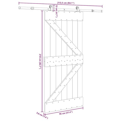 Tömör fenyőfa tolóajtó fémszerelékszettel 95 x 210 cm