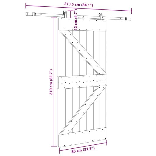 Tömör fenyőfa tolóajtó fémszerelékszettel 80 x 210 cm