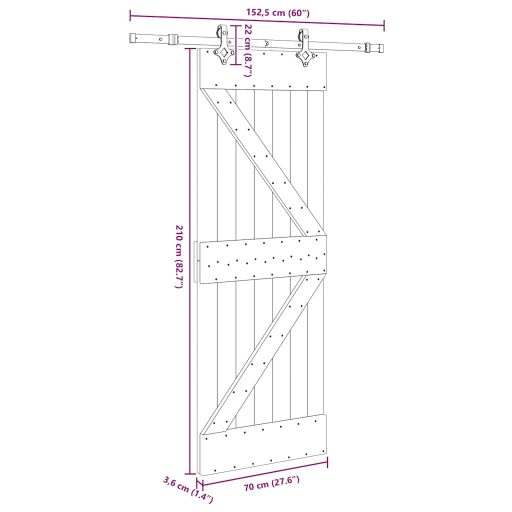 Tömör fenyőfa tolóajtó fémszerelékszettel 70 x 210 cm