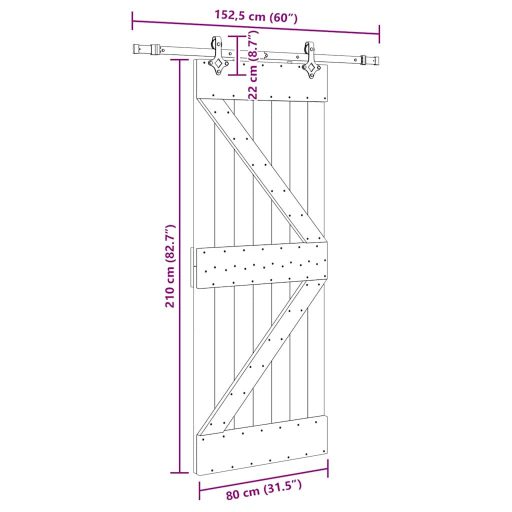 Tömör fenyőfa tolóajtó fémszerelékszettel 80 x 210 cm
