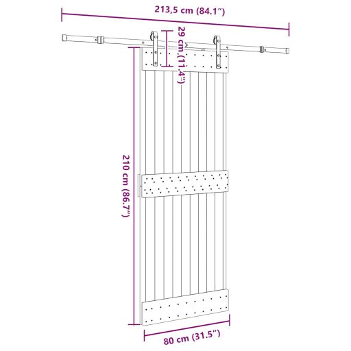 Tömör fenyőfa tolóajtó fémszerelékszettel 80 x 210 cm