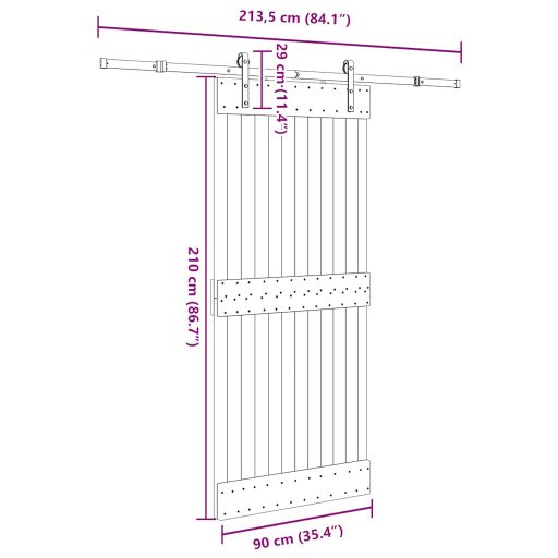 Tömör fenyőfa tolóajtó fémszerelékszettel 90 x 210 cm