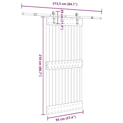 Tömör fenyőfa tolóajtó fémszerelékszettel 95 x 210 cm