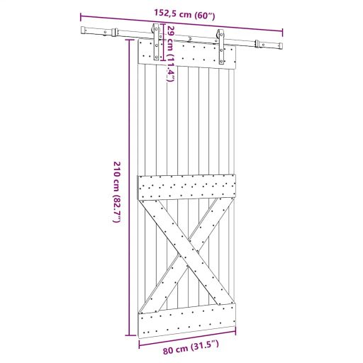 Tömör fenyőfa tolóajtó fémszerelékszettel 80 x 210 cm