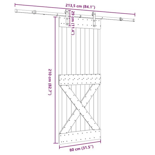 Tömör fenyőfa tolóajtó fémszerelékszettel 80 x 210 cm