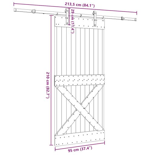 Tömör fenyőfa tolóajtó fémszerelékszettel 95 x 210 cm