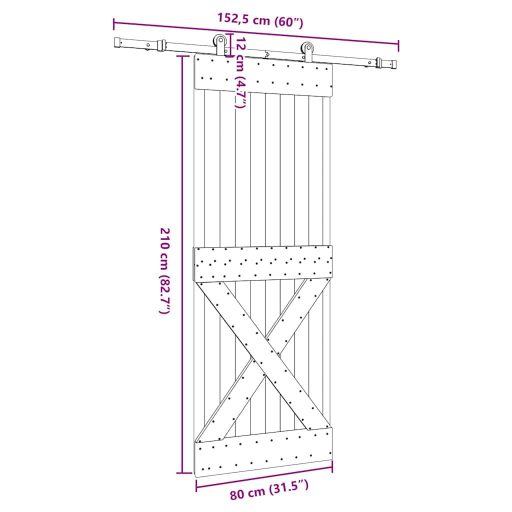 Tömör fenyőfa tolóajtó fémszerelékszettel 80 x 210 cm