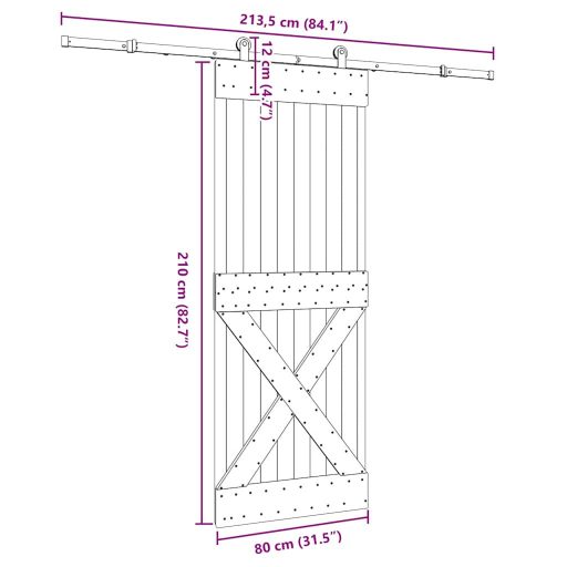 Tömör fenyőfa tolóajtó fémszerelékszettel 80 x 210 cm