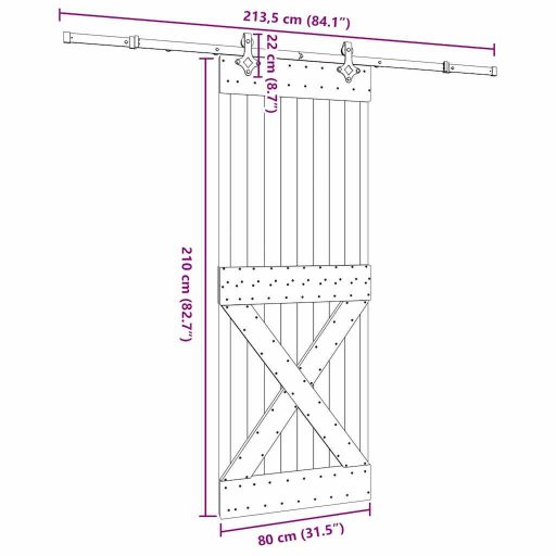 Tömör fenyőfa tolóajtó fémszerelékszettel 80 x 210 cm
