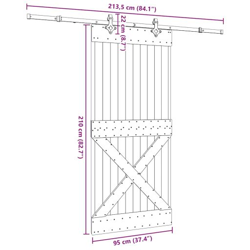Tömör fenyőfa tolóajtó fémszerelékszettel 95 x 210 cm