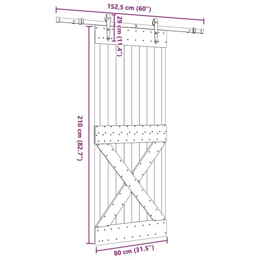 Tömör fenyőfa tolóajtó fémszerelékszettel 80 x 210 cm