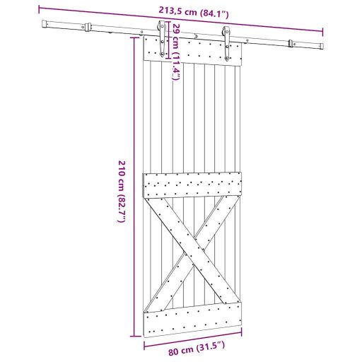 Tömör fenyőfa tolóajtó fémszerelékszettel 80 x 210 cm