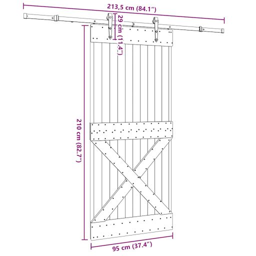 Tömör fenyőfa tolóajtó fémszerelékszettel 95 x 210 cm